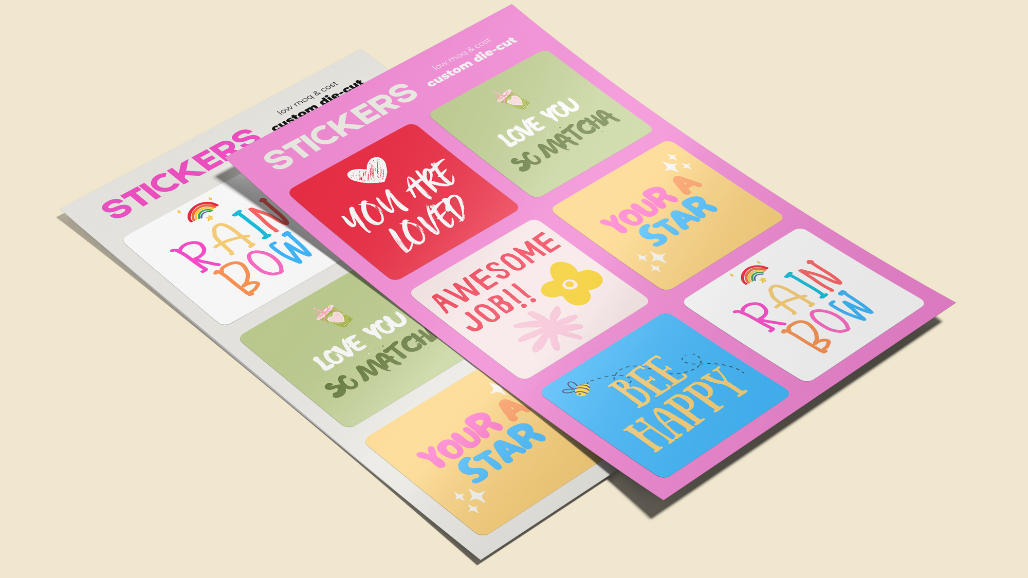 Two packages of colorful stickers with positive messages on a beige background