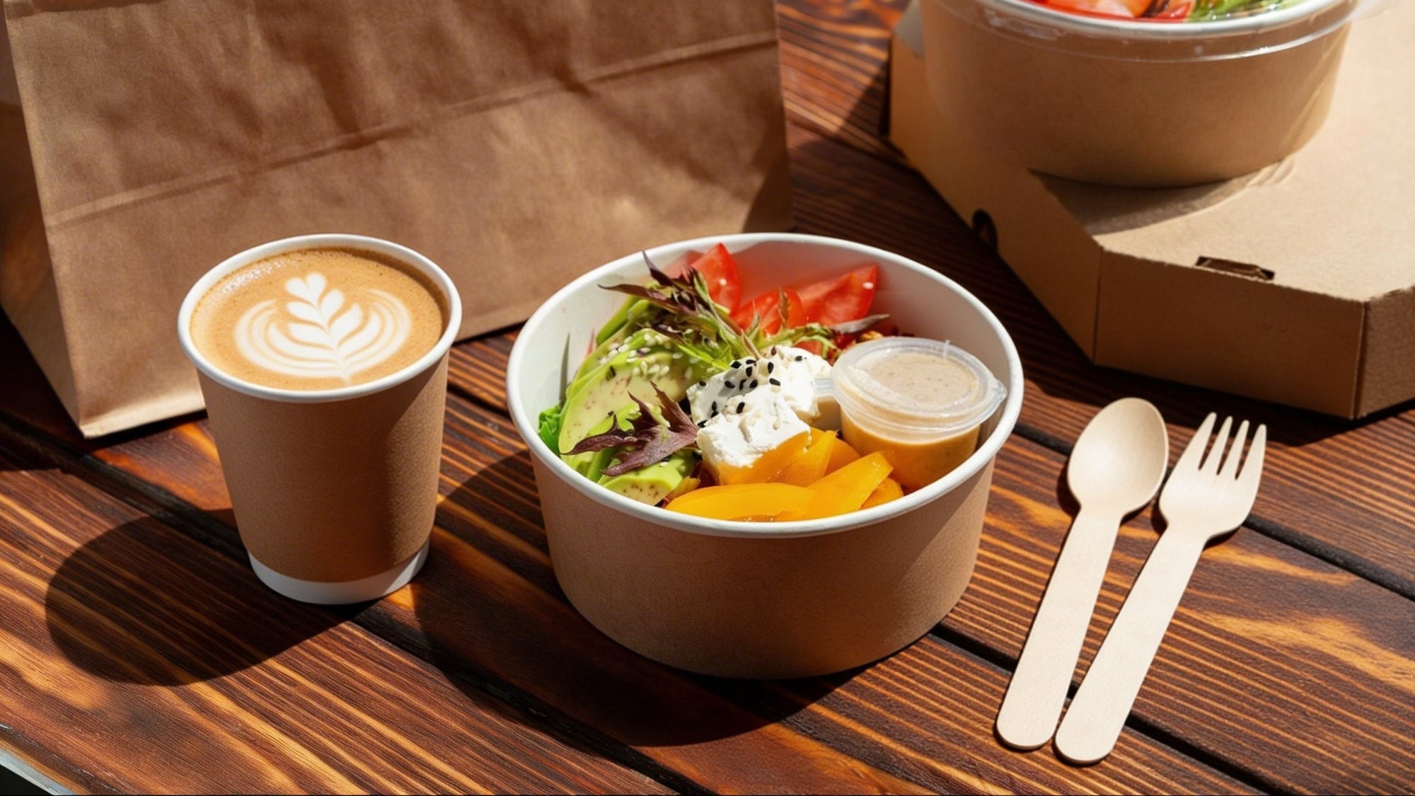 Two bowls of salad with a cup of coffee on a wooden table, with a brown paper bag and another dish in the background.